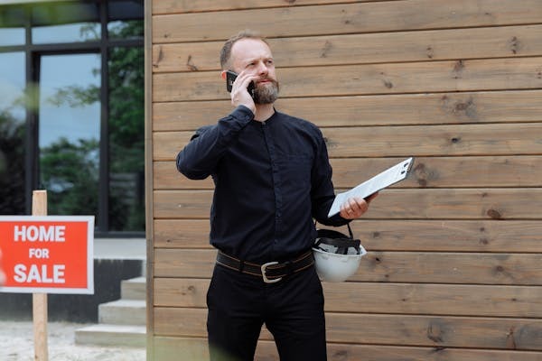 Agent immobilier parlant au téléphone